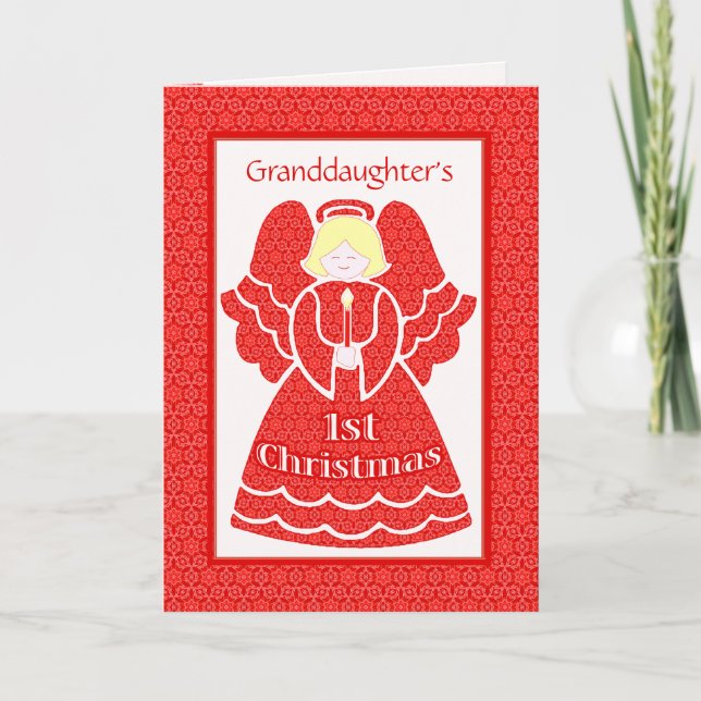 Red Lace 1st Christmas Angel for Granddaughter Holiday Card (Front)