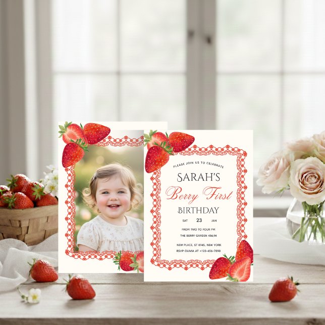 Red Lace Berry First Birthday Photo Invitation (Creator Uploaded)