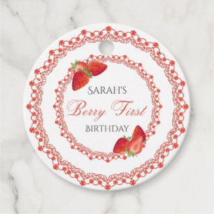 Red Lace Berry First Birthday Round Favour Tags