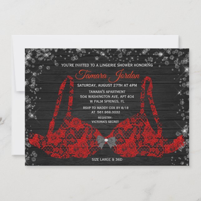 Red Lace Bra Lingerie Shower Diamond Invitation (Front)