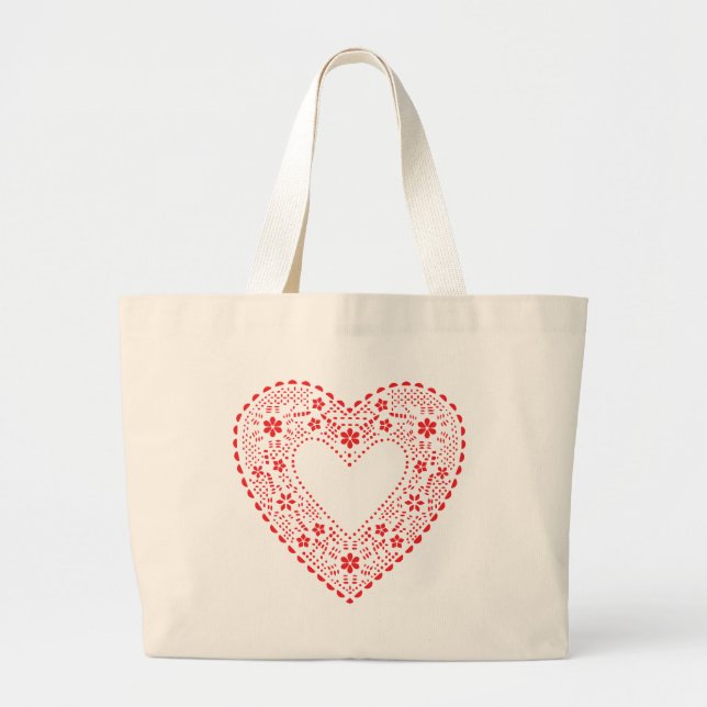 Red Lace Heart Large Tote Bag (Front)