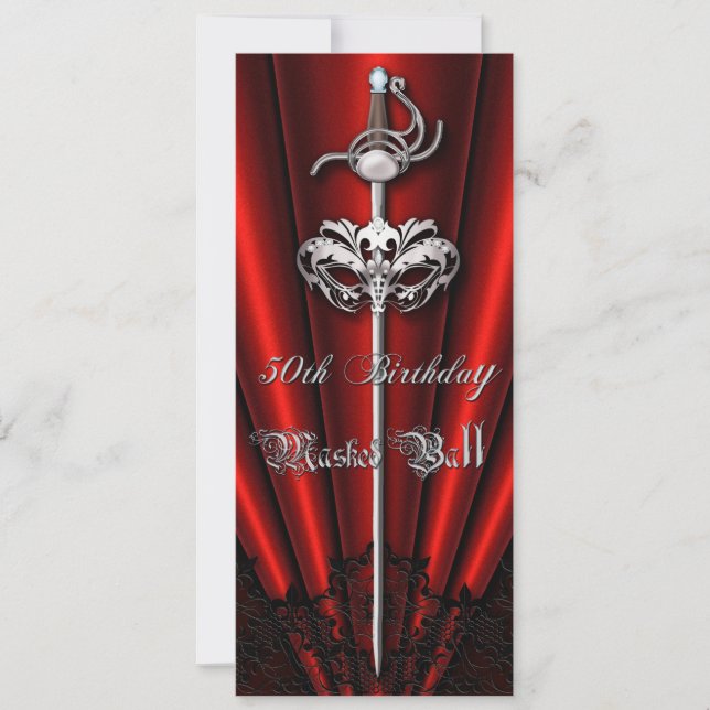 Red Lace Masquerade Silver 50th Birthday Invitation (Front)