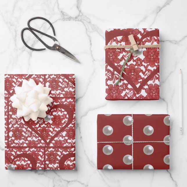 Red Lace Pattern Valentine's Wrapping Paper Sheet (Front)