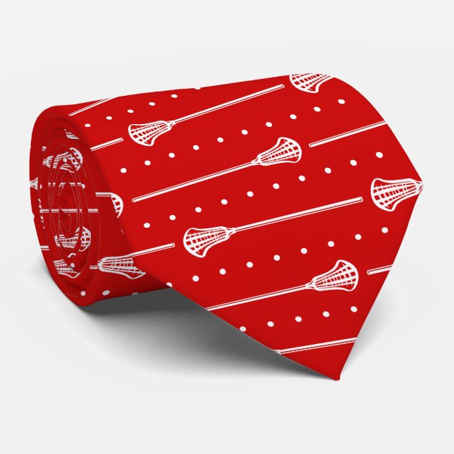 Red Lacrosse White Sticks & Dotted Lines Pattern Tie (Rolled)
