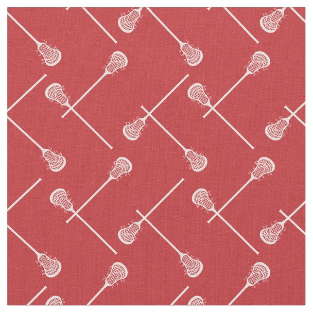 Red Lacrosse White Sticks Patterned Fabric (Close Up)
