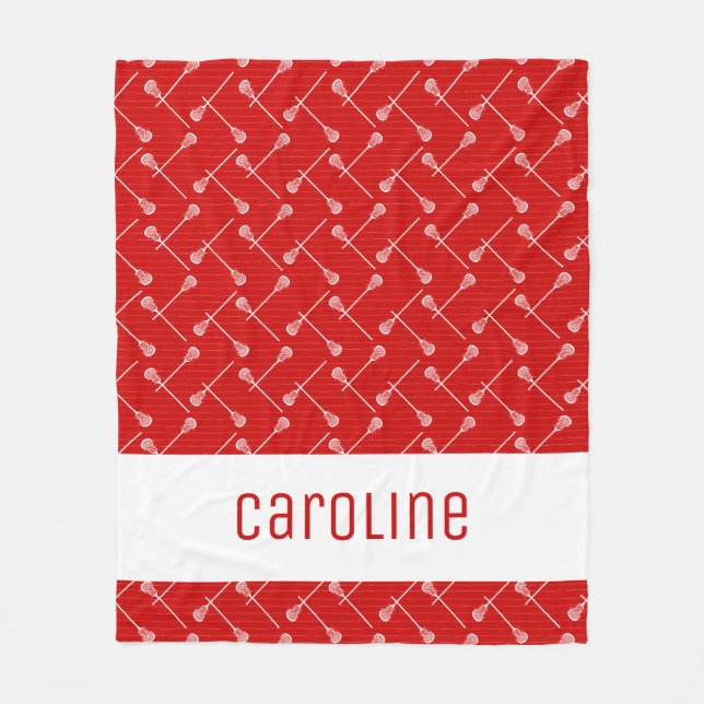 Red Lacrosse White Sticks Patterned Fleece Blanket (Front)
