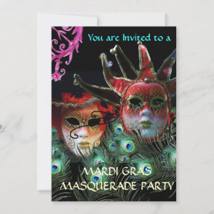 RED LADY AND JESTER MASK WITH  PEACOCK FEATHERS INVITATION