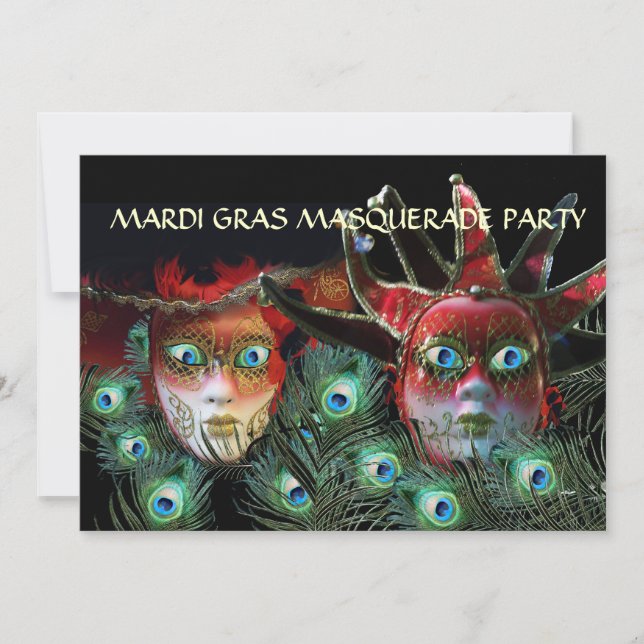 RED LADY AND JESTER MASK WITH  PEACOCK FEATHERS INVITATION (Front)