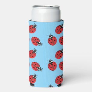 Red Lady Bug Illustration Light Blue Seltzer Can Cooler