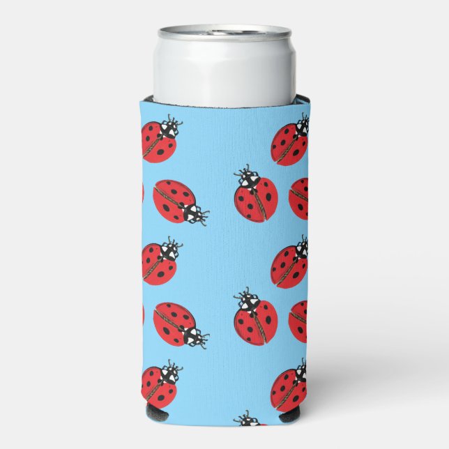 Red Lady Bug Illustration Light Blue Seltzer Can Cooler (Seltzer Front)
