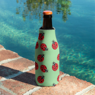 Red Lady Bug Illustration Light Green Bottle Cooler
