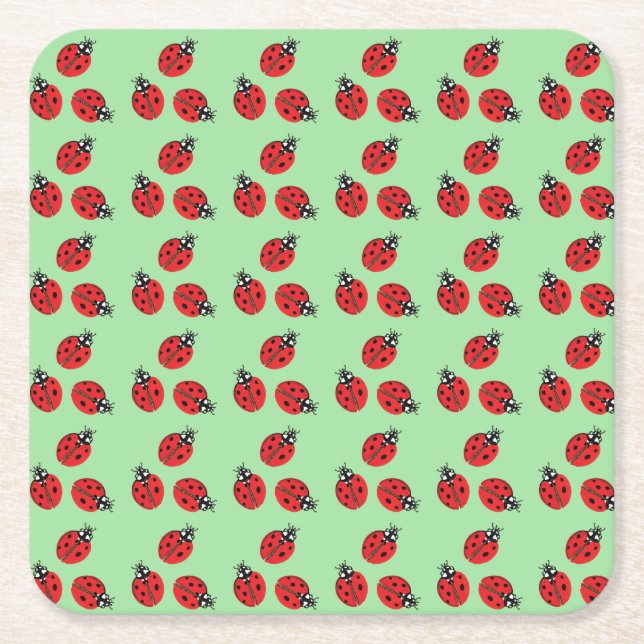 Red Lady Bug Illustration Light Green Square Paper Coaster (Front)