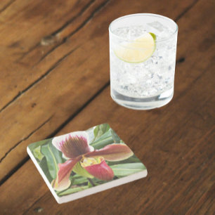 Red Lady Slipper Orchid Floral Stone Coaster