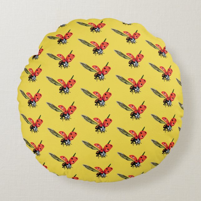 Red ladybirds Fly Round Cushion (Front)