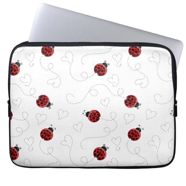 Red Ladybug Beetle Insect Lover Black Hearts Laptop Sleeve (Front)