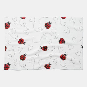 Red Ladybug Beetle Insect Lover Black Hearts Tea Towel
