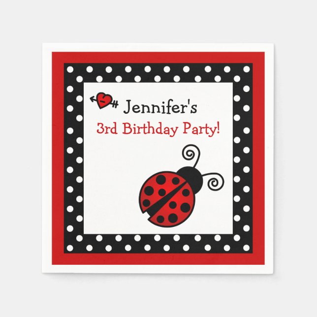Red Ladybug Birthday - Black and White Polka Dots Napkin (Front)