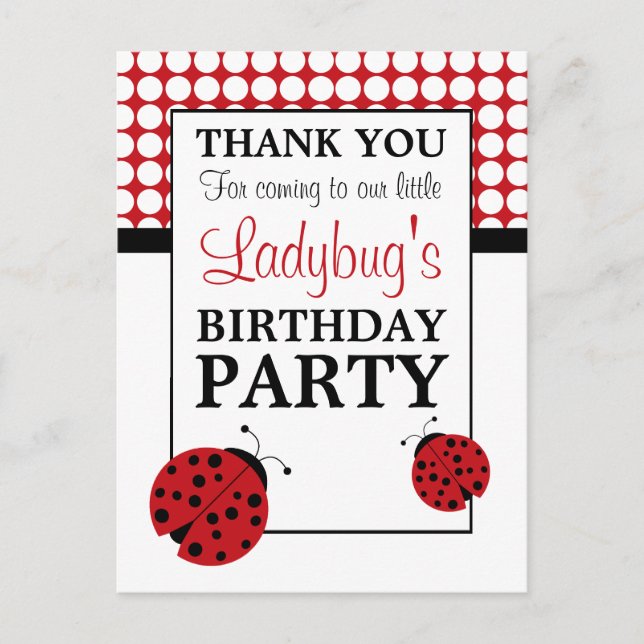 Red Ladybug Children's Birthday Party Thank You Postcard (Front)