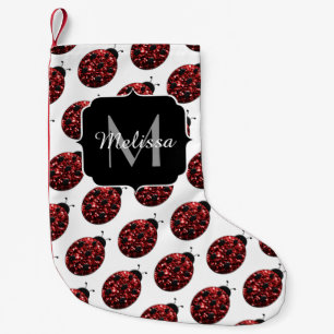 Red ladybug faux glitter sparkles Custom Monogram Small Christmas Stocking