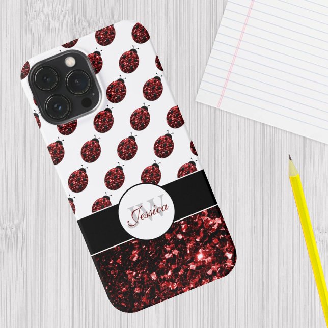 Red ladybug faux glitter sparkles pattern Monogram Case-Mate iPhone Case (Sparkle up and protect your phone with trendy faux sparkles. iPhone case with custom monogram. )