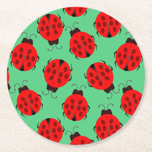 Red Ladybug Pattern Round Paper Coaster