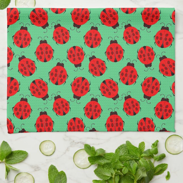 Red Ladybug Pattern Tea Towel (Folded)