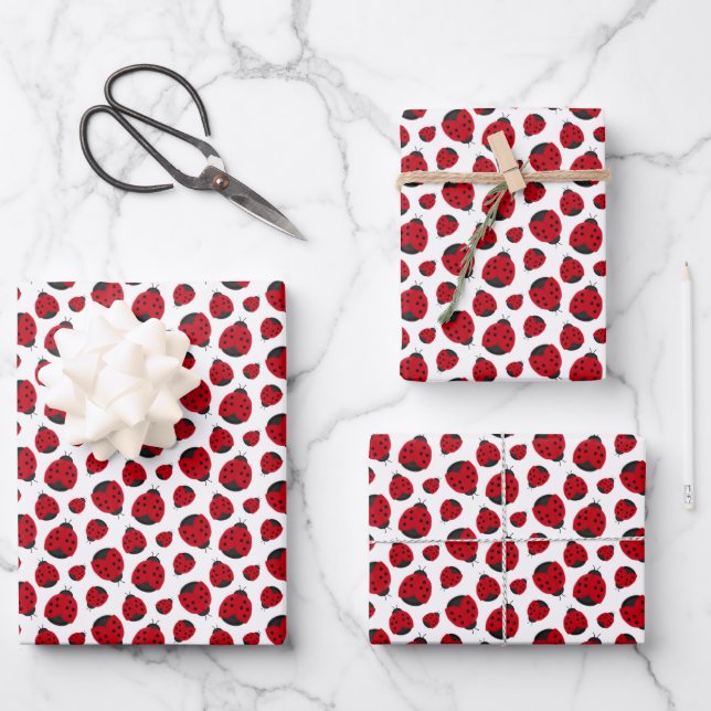 Red Ladybug Pattern Wrapping Paper Sheet (Front)