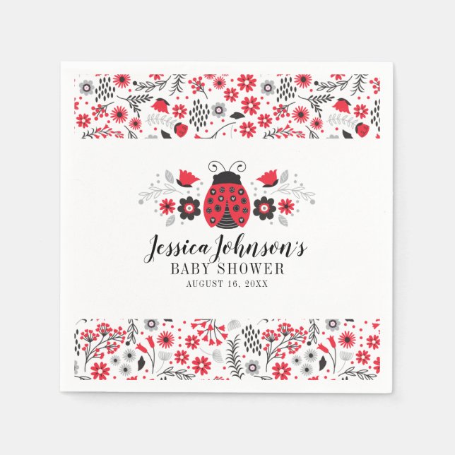 Red Ladybug Personalised Girl Floral Baby Shower Napkin (Front)