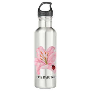 Red Ladybug pink Lily Flower custom name kid girl  710 Ml Water Bottle