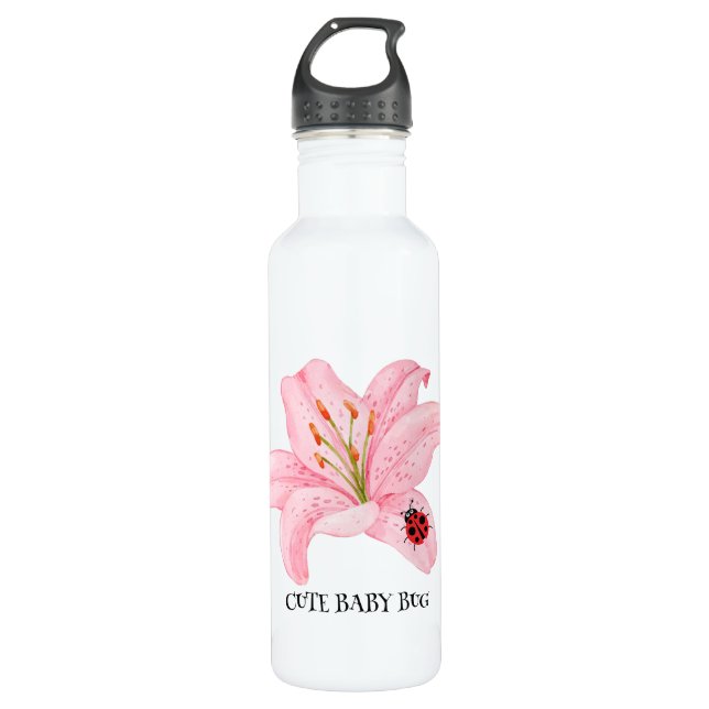 Red Ladybug pink Lily Flower custom name kid girl  710 Ml Water Bottle (Front)