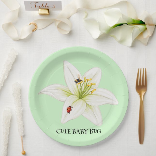 Red Ladybug pink Lily Flower custom name kid girl  Paper Plate (Wedding)