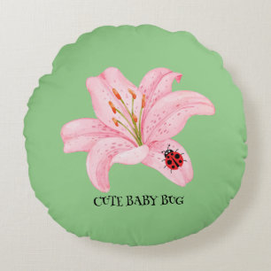 Red Ladybug pink Lily Flower custom name kid girl  Round Cushion