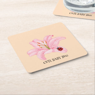 Red Ladybug pink Lily Flower custom name kid girl Square Paper Coaster