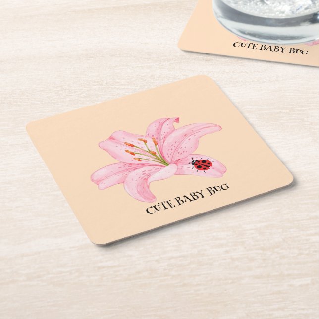Red Ladybug pink Lily Flower custom name kid girl  Square Paper Coaster (Angled)
