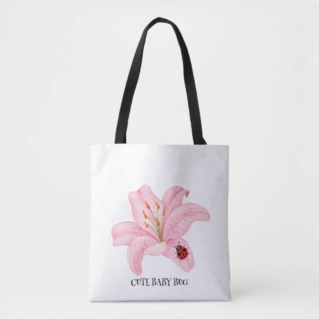Red Ladybug pink Lily Flower custom name kid girl  Tote Bag (Front)