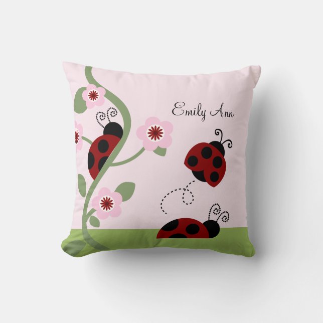 Red Ladybugs and Flowers Personalised Pillow (Front)