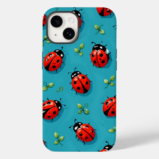 Red Ladybugs Lucky Pattern Sky Blue iPhone Case (Back)