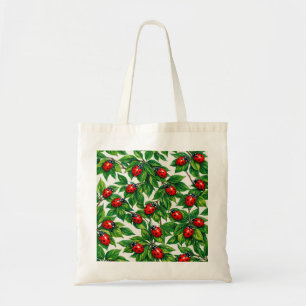 Red Ladybugs on Green Leaves Botanical Pattern Tote Bag