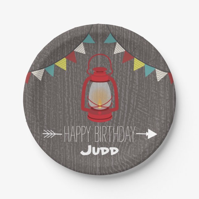 Red Lantern Camping Birthday Paper Plate (Front)
