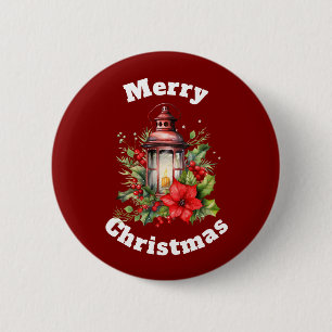 Red Lantern Poinsettia and Pine Merry Christmas 6 Cm Round Badge