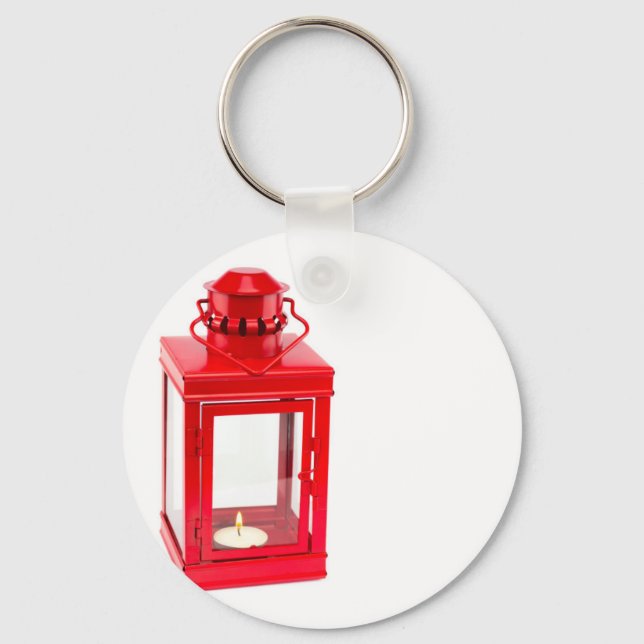 Red lantern with burning tealight on white key ring (Front)