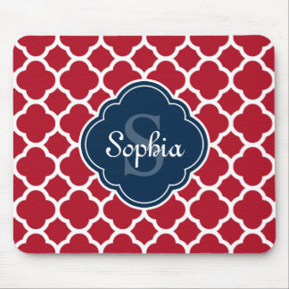 Red Lattice Pattern Navy Monogram Mouse Pad