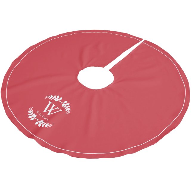 Red Laurel Family Monogram Custom Brushed Polyester Tree Skirt (Angled)