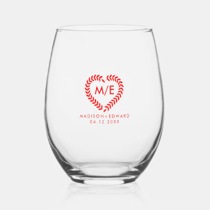 Red Laurel Heart Wreath Wedding Monogram Stemless Wine Glass