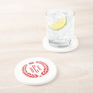 Red Laurel Wreath Custom Monogram Coaster