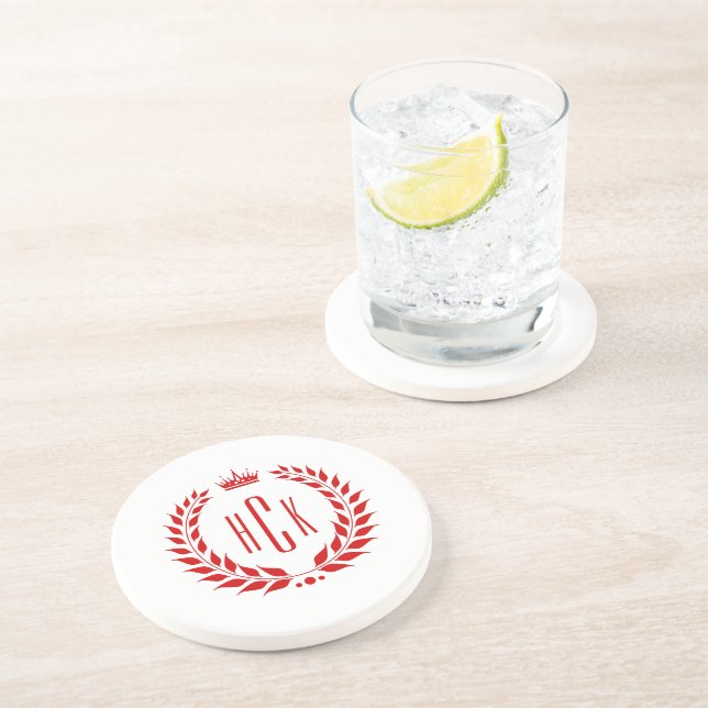 Red Laurel Wreath Custom Monogram Coaster (Side)