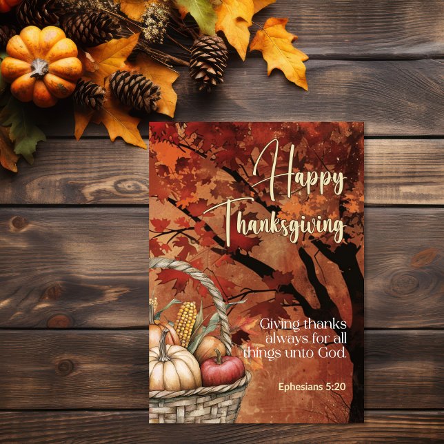 Red Leaf Canopy Ephesians 5:20 Happy Thanksgiving Card (Leafy canopy harvest Bible verse Thanksgiving Card)