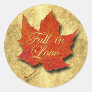 Red Leaf Fall in Love on Gold Classic Round Sticker
