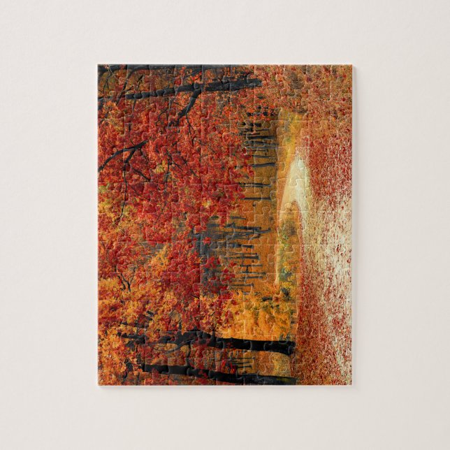 Red Leaf Trees Near the Road / Autumn Jigsaw Puzzle (Vertical)