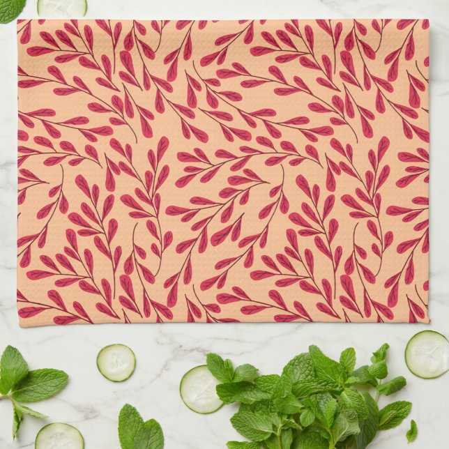  Red Leafy Branches Seamless Pattern Tea Towel (Folded)